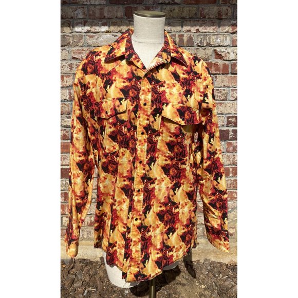 VTG Wrangler Mens Large Fire Bullrider Snap Orange Yellow Western Shirt EUC